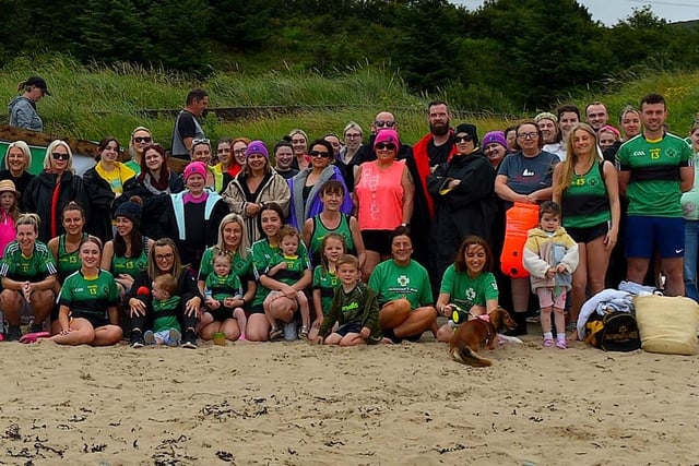 Members of the family circle and friends of the late Aodhán ODonnell, a member of Na Magha hurling club, pictured at a joint fundraising event Cold Water Weekend with Waves for Mental Health held at Ludden Beach on Saturday and Sunday morning last. Photograph: George Sweeney.  DER2228GS  003