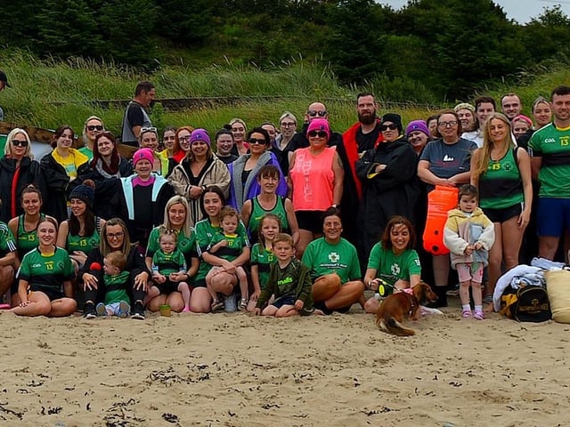 Members of the family circle and friends of the late Aodhán ODonnell, a member of Na Magha hurling club, pictured at a joint fundraising event Cold Water Weekend with Waves for Mental Health held at Ludden Beach on Saturday and Sunday morning last. Photograph: George Sweeney. DER2228GS 003