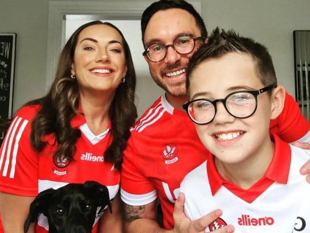 Rhys, Aiveen, Jake and their dog, Callie pictured before setting off for Dublin.