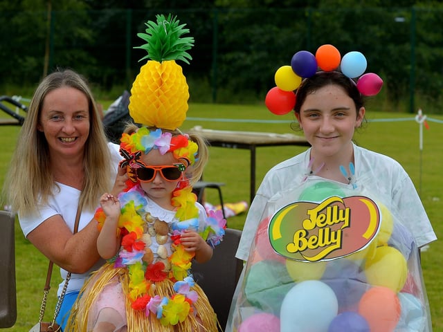 Rosie McLaughlin, pictured with her mum Cathy, and Katie Bonnar took part in the Fancy Dress competition at the Muff Family Funday held on Sunday afternoon last. Photograph: George Sweeney.  DER2228GS – 015