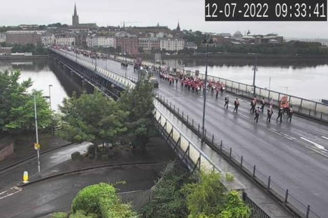 Five hundred participants and an unknown number of supporters have taken part in a City of Londonderry Grand Orange Lodge, parade from Bond's Street, down along Spencer Road across Craigavon Bridge, and then up via the Diamond to Bishop Street from 8.30am.