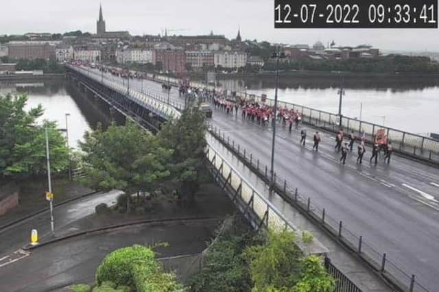Five hundred participants and an unknown number of supporters have taken part in a City of Londonderry Grand Orange Lodge, parade from Bond's Street, down along Spencer Road across Craigavon Bridge, and then up via the Diamond to Bishop Street from 8.30am.