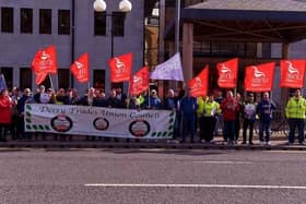 Council employees and trade unionists picket Derry City Council Offices on Strand Road as part of the previous industrial action take over better pay demand. Photo: George Sweeney. DER2212GS – 012
