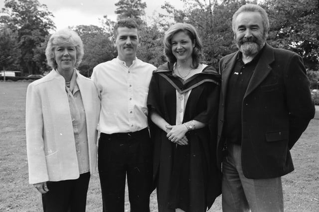 Sharon Moran, from Woodland Drive, Prehen, who graduated with a First Class Hons. Degree in Business Studies, pictured with her husband Shaun and parents Don and Daphne McLenan.