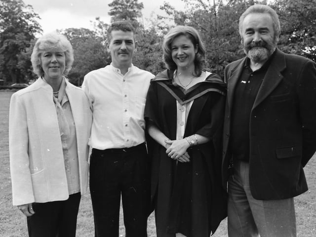 Sharon Moran, from Woodland Drive, Prehen, who graduated with a First Class Hons. Degree in Business Studies, pictured with her husband Shaun and parents Don and Daphne McLenan.