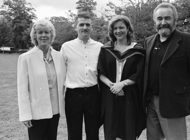 Sharon Moran, from Woodland Drive, Prehen, who graduated with a First Class Hons. Degree in Business Studies, pictured with her husband Shaun and parents Don and Daphne McLenan.