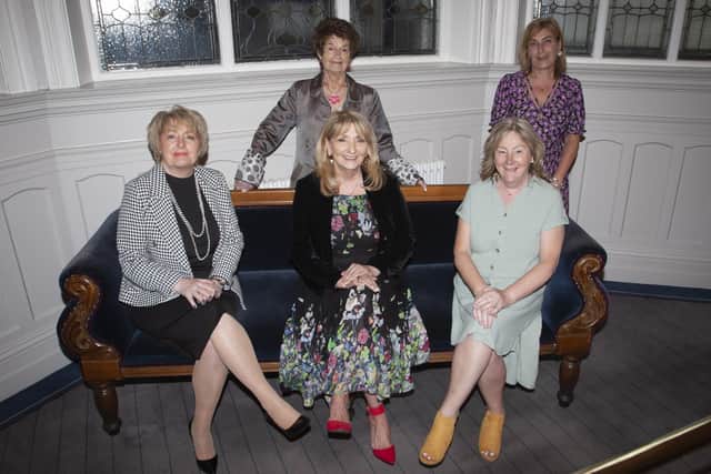 Group pictured at the Churches Trust Columba Journey Grand Finale Dinner at the Bishopâ€TMs Gate Hotel, Derry on Wednesday night. Front from left, Lynda Morgan, Sarah Kerrigan and Denise Oâ€TMReilly. At back from left are Dolores Oâ€TMDonnell and Joan McCartney. (Photos: Jim McCafferty Photography)