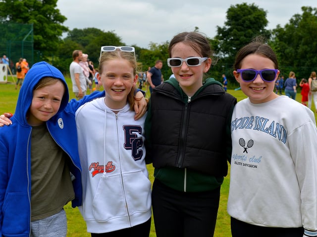 Friends James, Bonnie, Anne and Freya pictured at the Muff Family Funday held on Sunday afternoon last. Photograph: George Sweeney. DER2228GS – 020