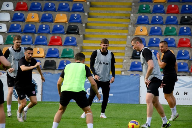 Derry City players being put through their paces during tonight's training at Skonto Stadium. Picture by Kevin Moore/MCI