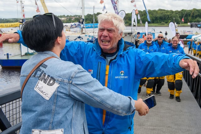 Derry man Gerard Doherty, with his daughter Jane who received a rapturous welcome from family and friends when he arrived home on the Clipper Round The World Yacht  Ha Long Bay, Vietnam at the Foyle Marina in Derry-Londonderry after completing the transatlantic leg between New York and his home city. Picture Martin McKeown. 13.07.22