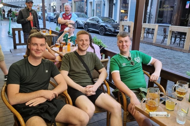 The Cusack brothers, Tom, Bobby and Charlie looking relaxed in Riga as they await Derry City's second leg tie.