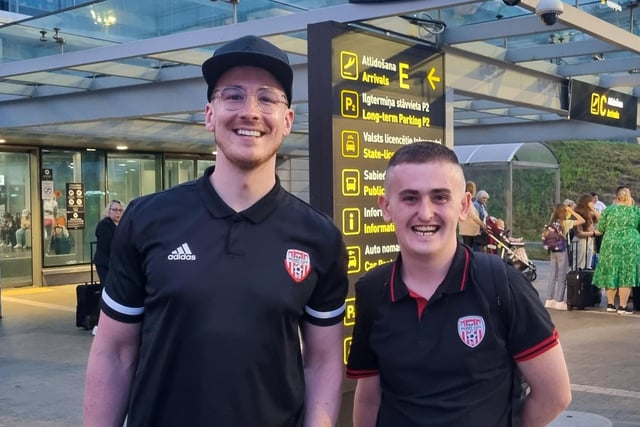 Derry City fans Ciaran Roddy and Jordan Moran arriving at Riga Airport on Tuesday. Photograph by Kevin Moore.