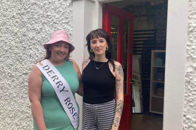 Aine with Hannah Vail of Han Clothing, who donated a sun hat.