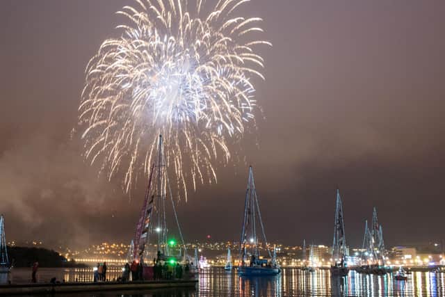 The spectacular fireworks display on the River Foyle  lights up the sky over the Clipper Round the World Yacht Race during the Voyages Showcase Finale during the Foyle Maritime Festival. Picture Martin McKeown.ClipperRound The WorldRace. 20.07.18