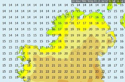 Forecast temperatures for Friday/Saturday.