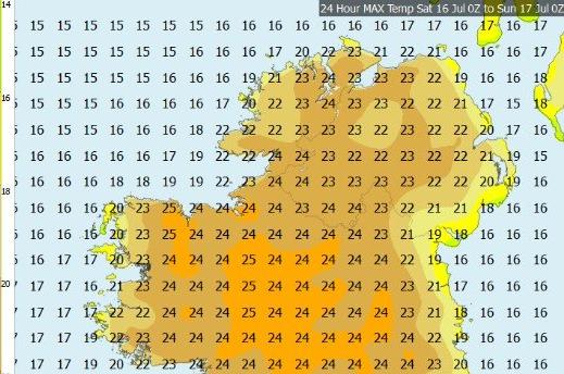 Forecast temperatures for Saturday/Sunday.