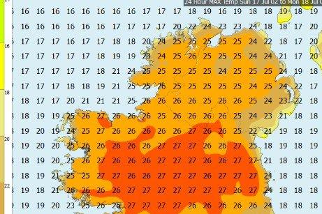 Forecast temperatures for Sunday/Monday.