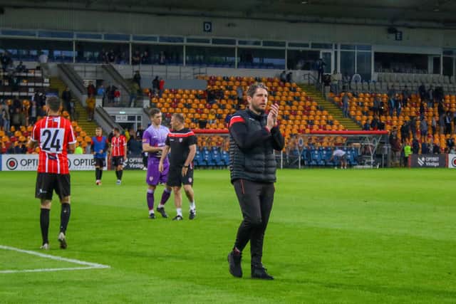 Ruaidhri Higgins applauds the fantastic support from Derry. Photo by Kevin Moore.