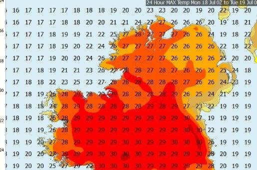 Forecast of temperatures for Monday/Tuesday.