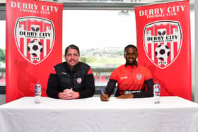 Derry City new signing Sadou Diallo alongside manager Ruaidhri Higgins. Picture by Kevin Morrison/Event Images & Video