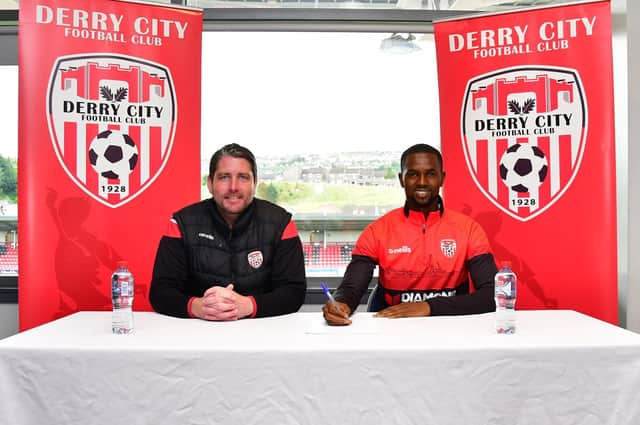 Derry City new signing Sadou Diallo alongside manager Ruaidhri Higgins. Picture by Kevin Morrison/Event Images & Video