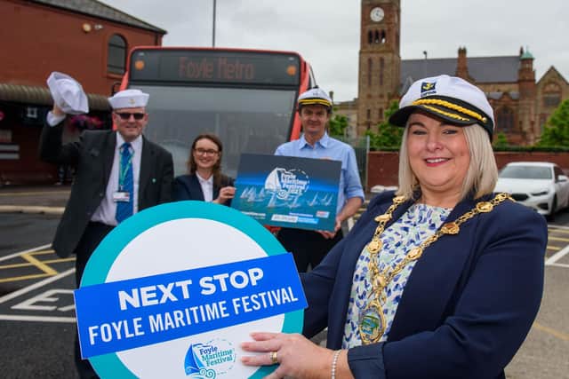 Pictured with the Mayor, Councillor Sandra Duffy announcing Translink's Foyle Maritime Festival late-night services are Rosanna Jack, Assistant Service Delivery Manager at Translink, David Simpson, Railway Inspector, North West Transport Hub and Tony McDaid, Translink.
