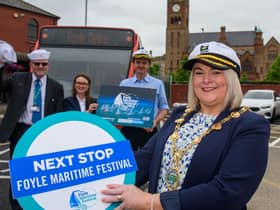 Pictured with the Mayor, Councillor Sandra Duffy announcing Translink's Foyle Maritime Festival late-night services are Rosanna Jack, Assistant Service Delivery Manager at Translink, David Simpson, Railway Inspector, North West Transport Hub and Tony McDaid, Translink.