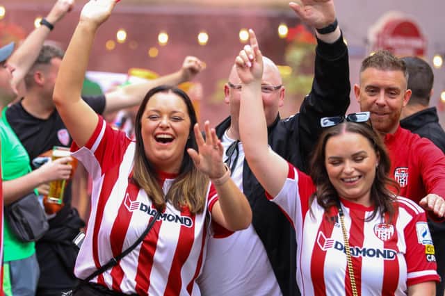Lisa McLaughlin and Rachel Lafferty enjoying the party atmosphere in Riga. Photos by Kevin Moore.