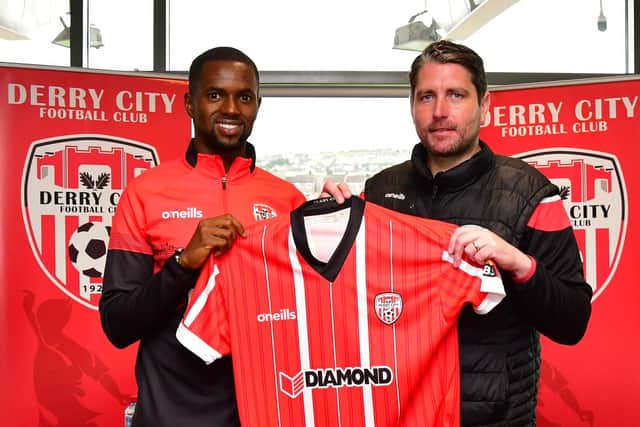 Derry City new signing Sadou Diallo alongside boss Ruaidhrí Higgins, at the Ryan McBride Brandywell Stadium, on Friday. Picture by Kevin Morrison/Event Images & Video