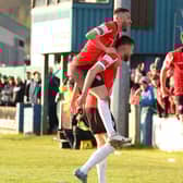 Will Patching celebrates his goal against Finn Harps in Ballybofey last April. Photo by Kevin Moore.
