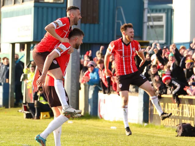 Will Patching celebrates his goal against Finn Harps in Ballybofey last April. Photo by Kevin Moore.