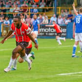 James Akintunde celebrates his late, late winner against Harps. Photo by Kevin Moore.