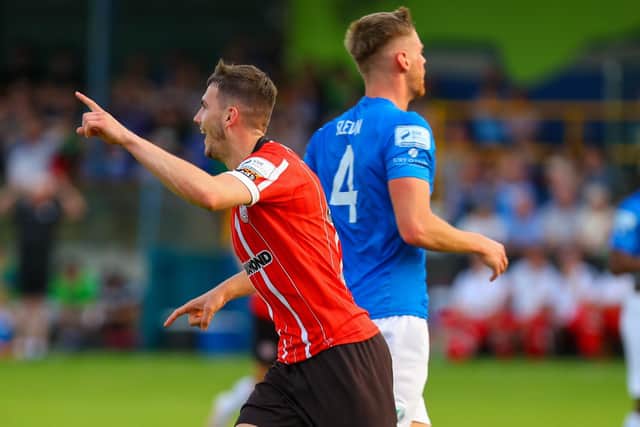 Derry substitute Ryan Graydon celebrates his first goal for the club after equalising against Finn Harps. Photo by Kevin Moore.
