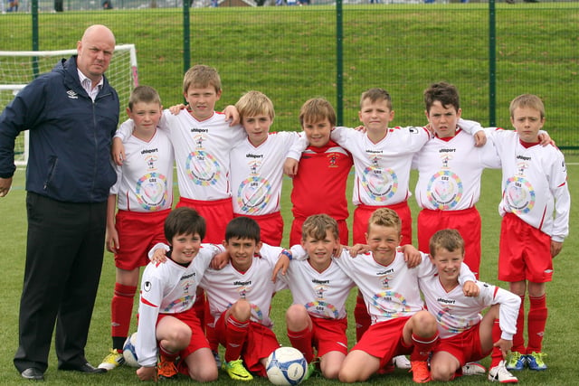 Maiden City Academy under 10 team, with their new football kit, and their sponsor Paul Kee.  INLS 1230-513MT.