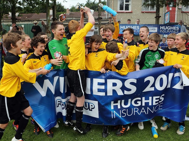 ©/Lorcan Doherty Photography - July 21th 2012.
Hughes Insurance Foyle Cup U-14 Plate Final. Maiden City Academy V Dungoyne (Belfast). Maiden City Academy celebrate winning the Hughes Insurance Foyle Cup U-14 Plate final.
Photo Credit Lorcan Doherty Photography