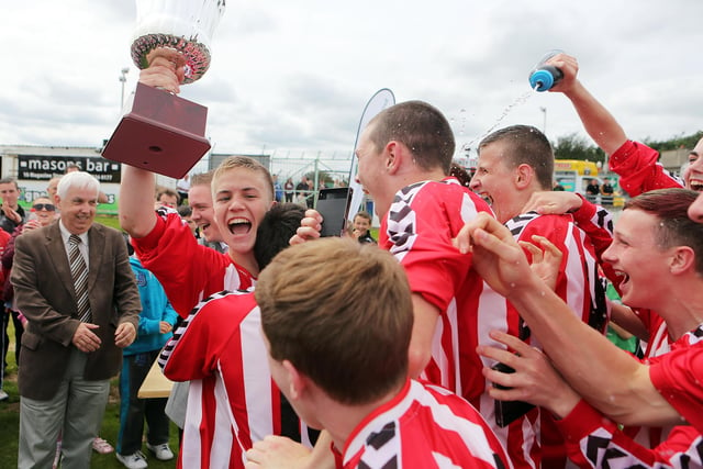 ©/Lorcan Doherty Photography -  July 20th 2012. 

Hughes Insurance Foyle Cup U-16 Cup Final. Derry & District Youth FA v Inishowen Youth League. Derry players celebrate following the trophy presentation.

Photo Credit Lorcan Doherty Photography