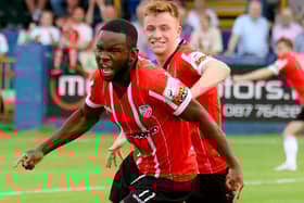 James Akintunde wheels away towards the Derry City fans after netting a late, late winner against Finn Harps in Ballybofey. Photo by Kevin Moore.