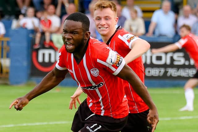 James Akintunde wheels away towards the Derry City fans after netting a late, late winner against Finn Harps in Ballybofey. Photo by Kevin Moore.
