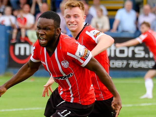 James Akintunde wheels away towards the Derry City fans after netting a late, late winner against Finn Harps in Ballybofey. Photo by Kevin Moore.