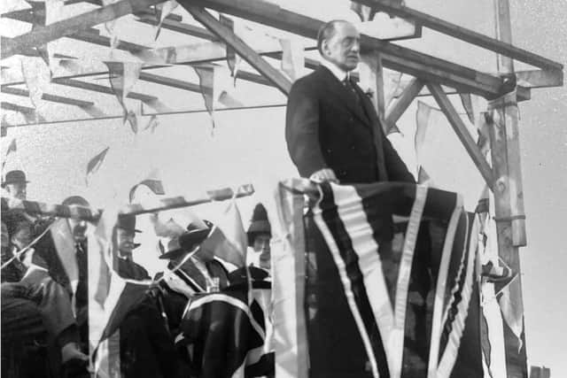 Edward Carson addresses an anti-home rule meeting in Raphoe in October 1913.