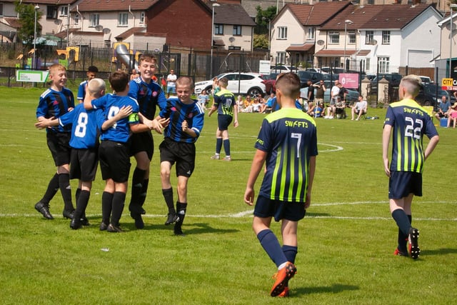 Hamilton players celebrate after scoring against Sion Swifts, during Monday's O'Neills Foyle Cup action. Picture by Jim McCafferty