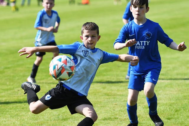 Oxford United under-9's striker Rhys Doherty fires in a shot at goal during their match against Ballinamallard United at Oakgrove 'A' on Monday. Picture by Keith Moore