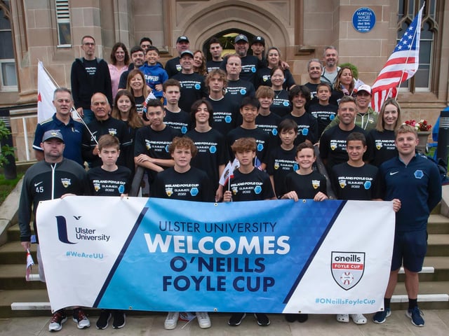 Beach FC players and coaching staff pictured before the O'Neills Foyle Cup Parade got underway at Magee Campus of Ulster University. Picture by Jim McCafferty