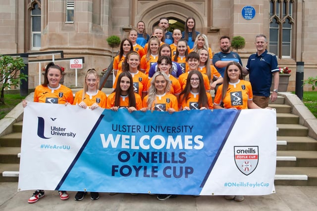 Glasgow City Ladies players and coaching staff pictured before the O'Neills Foyle Cup Parade got underway at Magee Campus of Ulster University. Picture by Jim McCafferty