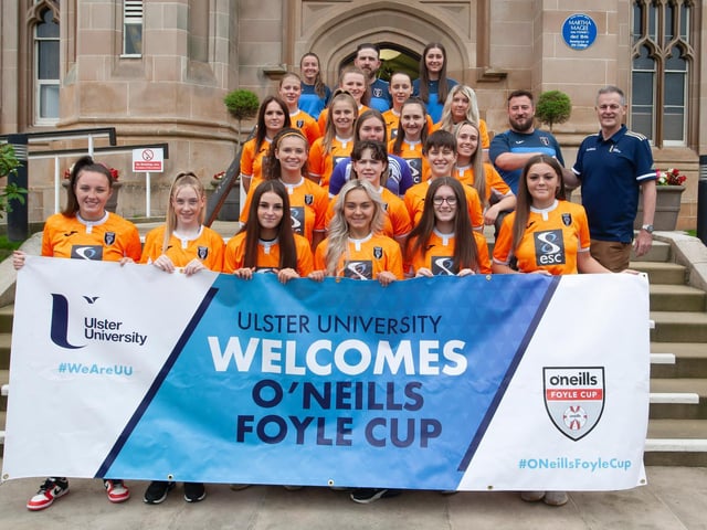 Glasgow City Ladies players and coaching staff pictured before the O'Neills Foyle Cup Parade got underway at Magee Campus of Ulster University. Picture by Jim McCafferty