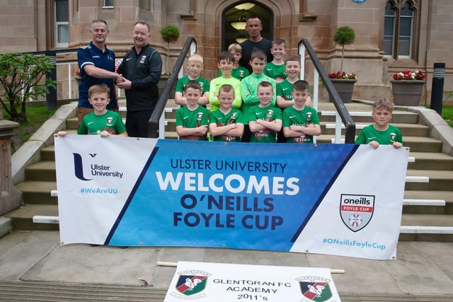 Glentoran players and coaching staff pictured before the O'Neills Foyle Cup Parade got underway at Magee Campus of Ulster University. Picture by Jim McCafferty