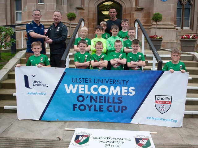 Glentoran players and coaching staff pictured before the O'Neills Foyle Cup Parade got underway at Magee Campus of Ulster University. Picture by Jim McCafferty