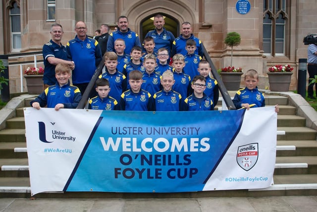 Mountmellick United players and coaching staff pictured before the O'Neills Foyle Cup Parade got underway at Magee Campus of Ulster University. Picture by Jim McCafferty