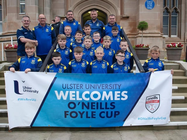 Mountmellick United players and coaching staff pictured before the O'Neills Foyle Cup Parade got underway at Magee Campus of Ulster University. Picture by Jim McCafferty