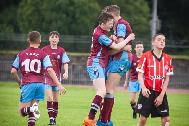 Tummery players celebrate after scoring against Derry City, during their O'Neills Foyle Cup game. Picture by Jim McCafferty